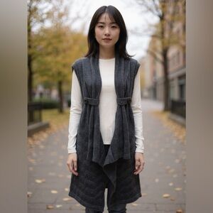 Alex & Raw gray long open front cardigan wool sweater size LG turn down collar